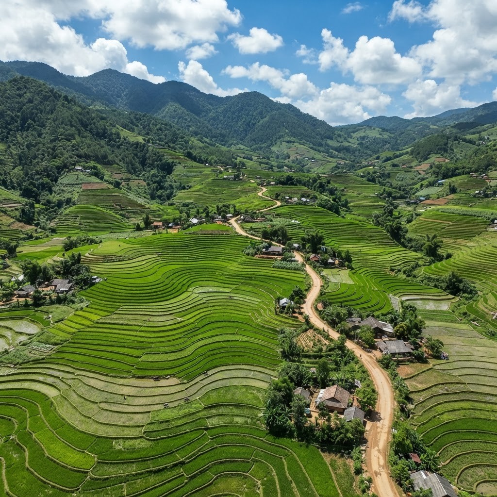 Aerial view of lush green agricultural fields