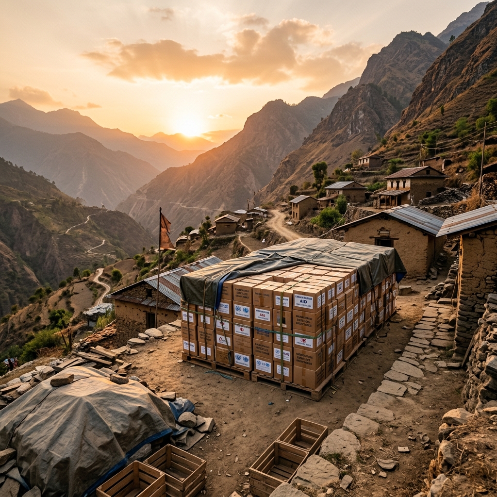 Humanitarian aid supplies and packages in a remote village setting